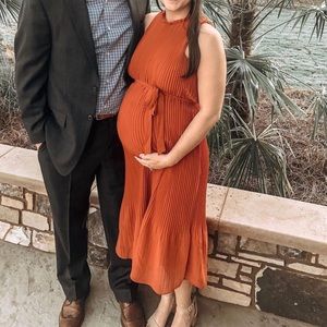 Orange Pleated Midi Dress